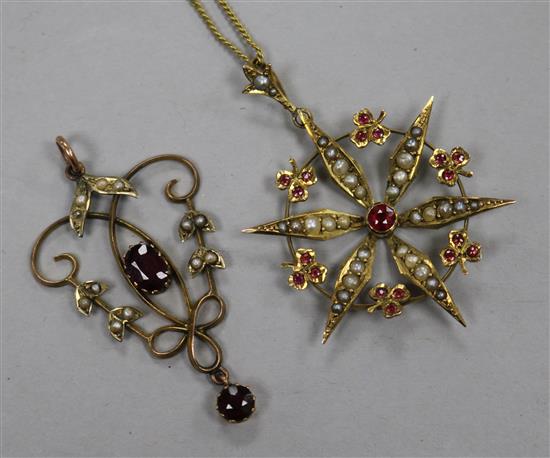 A 9ct gold, ruby and pearl openwork star pendant and an amethyst and pearl openwork foliate pendant,